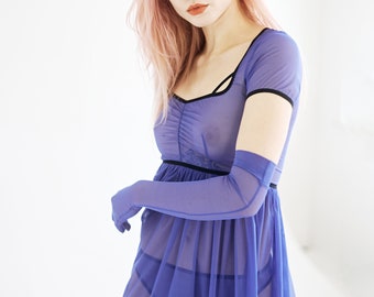 Blue Mesh Babydoll Dress With Deep Decollete Sheer Nightwear for Women -   Finland