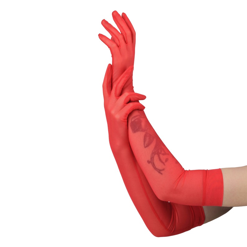 May include: A pair of long red sheer gloves. The gloves are worn on both hands and are pulled up to the elbows.