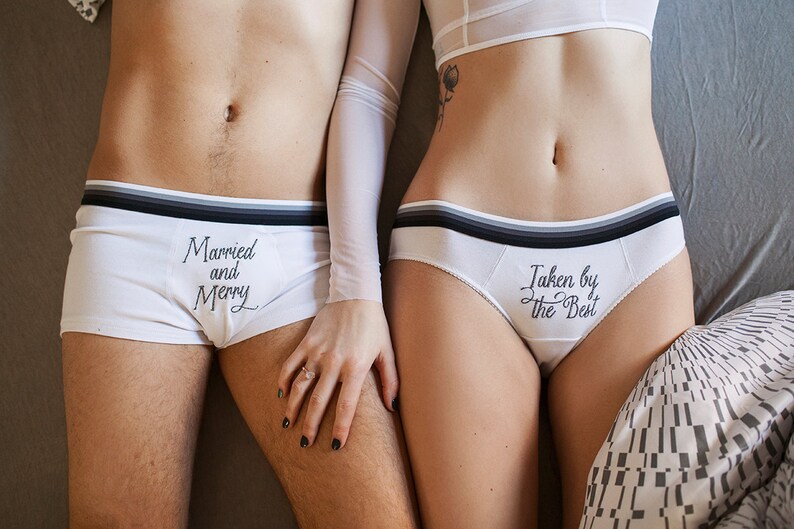 White Married and Merry Couples Underwear Set Funny and Romantic Gift for Wedding, Anniversary and other occasions image 4