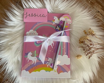 Personalised unicorn note book, gel pen & pencil