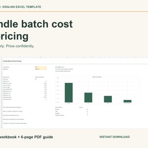 Op de afbeelding: Een Excel-sjabloon voor het berekenen van kosten en prijzen van kaarsenbatches met een spreadsheet-interface, gegevensvelden, een staafdiagram en de tekst: ASTORE88 / ENGLISH EXCEL TEMPLATE, Candle batch cost & pricing, Cost clearly. Price confidently.