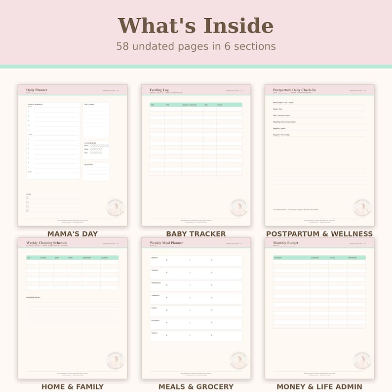 May include: A digital planner set featuring 58 undated pages across six sections titled What's Inside, Mama's Day, Baby Tracker, Postpartum & Wellness, Home & Family, Meals & Grocery, and Money & Life Admin with various tracking templates.