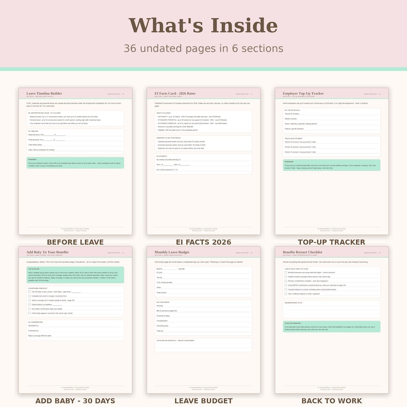 May include: A digital planner layout titled What's Inside with 36 undated pages in 6 sections. The pages include Leave Timeline Builder, EI Facts Card 2026 Rates, Employee Top-Up Tracker, Add Baby To Your Benefits, Monthly Leave Budget, and Benefits Restart Checklist.