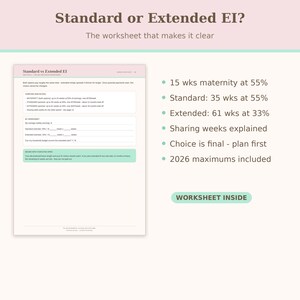 May include: A document titled Standard vs Extended EI with a worksheet for calculating parental leave benefits. It lists 15 weeks of maternity at 55%, standard 35 weeks at 55%, extended 61 weeks at 33%, sharing weeks, final choice warnings, and 2026 maximums.