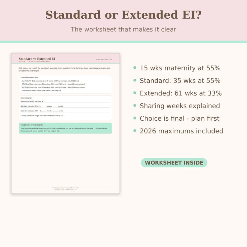 May include: A document titled Standard vs Extended EI with a worksheet for calculating parental leave benefits. It lists 15 weeks of maternity at 55%, standard 35 weeks at 55%, extended 61 weeks at 33%, sharing weeks, final choice warnings, and 2026 maximums.