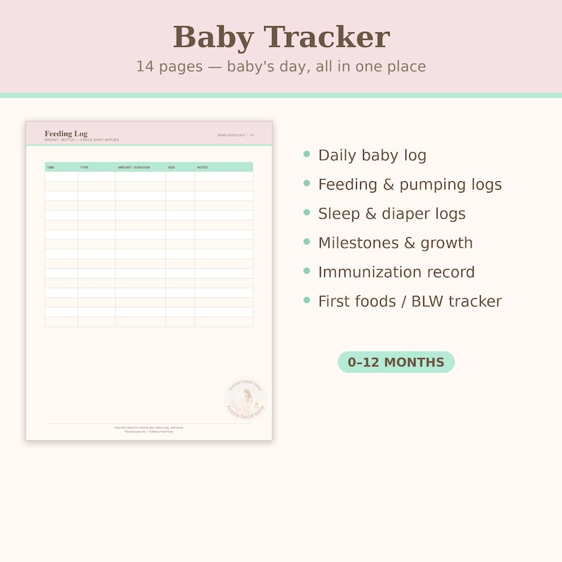 May include: A 14-page Baby Tracker logbook featuring a Feeding Log template with columns for time, type, amount, duration, side, and notes. The document includes sections for daily logs, feeding, pumping, sleep, diapers, milestones, and immunisations.