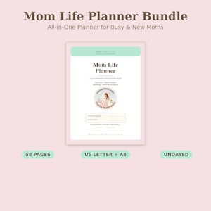 May include: A Mom Life Planner bundle featuring a 58-page undated planner in US Letter and A4 sizes. The cover displays the text Mom Life Planner, All-in-One Bundle for Busy & New Moms, and a circular logo with the text Mama Hood Easy.
