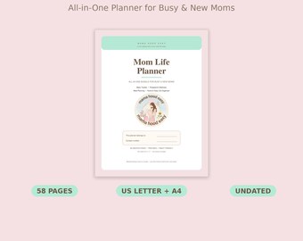 May include: A Mom Life Planner bundle featuring a 58-page undated planner in US Letter and A4 sizes. The cover displays the text Mom Life Planner, All-in-One Bundle for Busy & New Moms, and a circular logo with the text Mama Hood Easy.