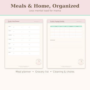 May include: Two printable planner pages titled Meals & Home, Organized. The left page is a Weekly Meal Planner with rows for Monday through Sunday. The right page is a Weekly Cleaning Schedule with columns for daily tasks and a section for a Weekend Reset.