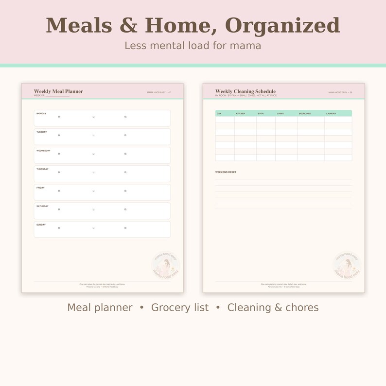 May include: Two printable planner pages titled Meals & Home, Organized. The left page is a Weekly Meal Planner with rows for Monday through Sunday. The right page is a Weekly Cleaning Schedule with columns for daily tasks and a section for a Weekend Reset.