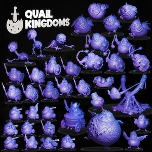 May include: A collection of purple miniature quail figurines from Quail Kingdoms, featuring various poses, some holding spears, shields, or flails, others with telescopes or in a cart, plus a catapult and a nest of eggs, all on circular bases.