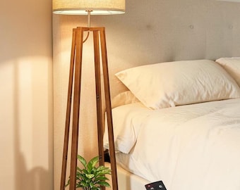 Mid Century Modern Wood Floor Lamp, Dimmable LED Standing Lamp with Remote, Espresso Walnut Finish
