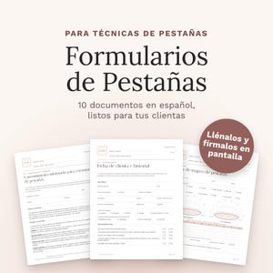 Può includere: Un set di 10 moduli digitali per extension ciglia in spagnolo per tecnici. I documenti includono la storia del cliente, il consenso informato e le mappe delle ciglia, con testo marrone scuro su uno sfondo beige chiaro.