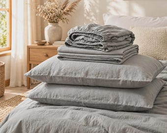Juego de sábanas de lino gris de 4 piezas, juego de sábanas de lino francés orgánico, sábana bajera ajustable de bolsillo profundo, sábana encimera y 2 fundas de almohada, Queen King Twin