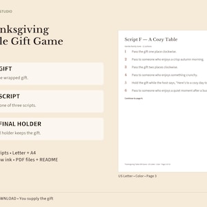 Cadeauspel voor Thanksgiving, printbaar 'Geef het Cadeau Door'-spel voor één ingepakt cadeau, activiteit voor een familiefeest, 3 scripts voor de gastheer/gastvrouw, A4- en A4-pdf