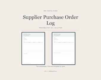 May include: A digital Supplier Purchase Order Log printable PDF featuring two worksheets, Purchase record and Receiving check, with text headers SRN / DIGITAL STUDIO, PRINTABLE PDF / A4 + US LETTER, and Two worksheets / Print and complete by hand.