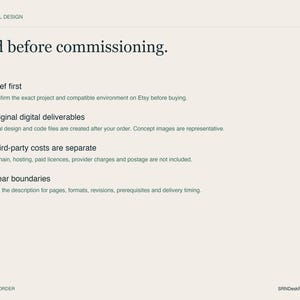 Four numbered panels explain briefing before purchase, made-to-order digital files, separate third-party costs and defined project boundaries.