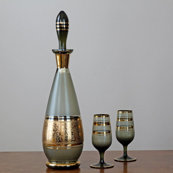 1960s Czech Glass Decanter and Glasses / Vintage Cordial Set