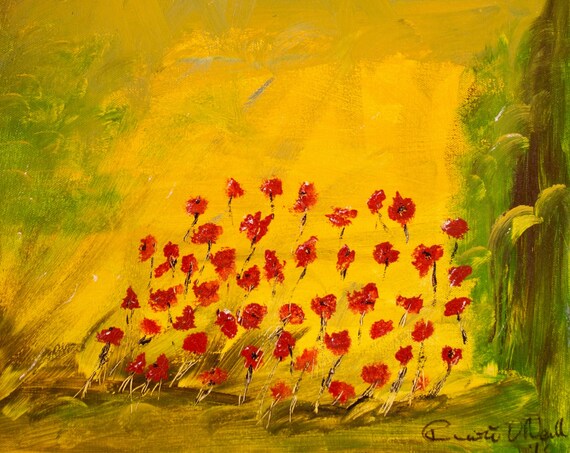 Field Of Poppies, Corn Field, Abstract Landscape, Green, Yellow, Blue, Red, Brown, Peaceful Dreamy, Calm Tranquil Print, 75 Years Lifespan