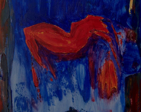 Yoga 2 Red and Blue Nude Painting, Limited Edition Gallery Quality Canvas Print, Home Decor, Interior Design