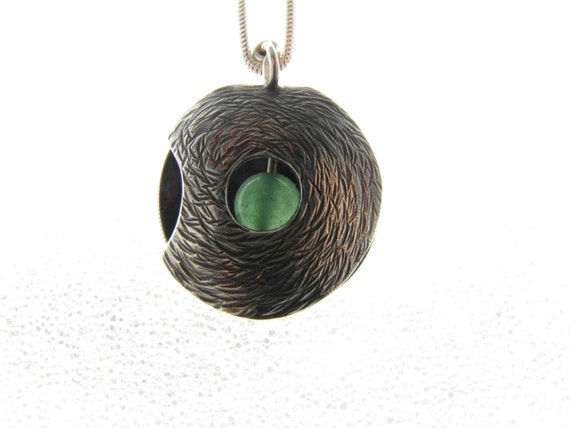 Circular Oxidized Medieval Silver Textured Pendant with Green Onyx