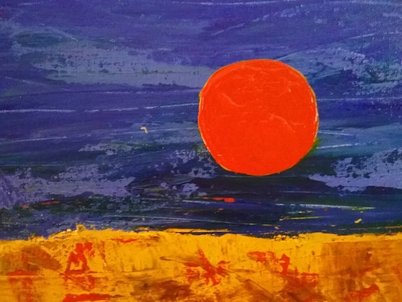 Sunset in an Abstract Background, Spanish Sun, Blue Sky, Red sun, Landscape, Large Warm Painting