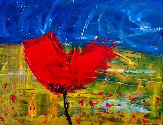 Red Poppy Dark Blue Sky, Abstract Landscape, Yellow, Green, Passionate, Vibrant Colored Print, Gallery & Collector Quality 75 Years Lifespan