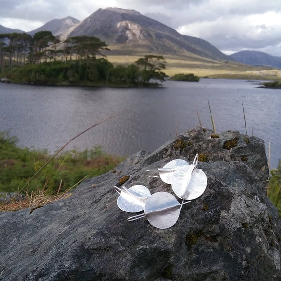 Hammered, Hand Crafted SilverTextured Circular Drop Earrings Ancient, Modern Celtic, Irish Designer Maker, Made in Ireland, Unique Jewelry
