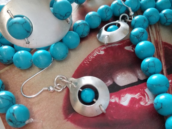 Silver Circular Turquoise Drop Boho Earrings
