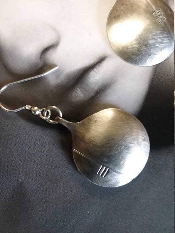 Silver Handmade Celtic Circular Ogham Ancient Scripted Drop Earrings by Irish Designer Maker, Anam Cara, Ethnic, Ancient