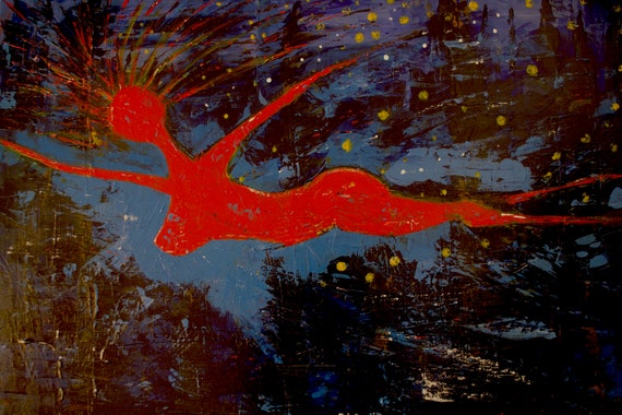 Ready To Hang Red Nude Swimmer, Naked Woman Print on Canvas 75 years Lifespan, Gallery and Collector Quality
