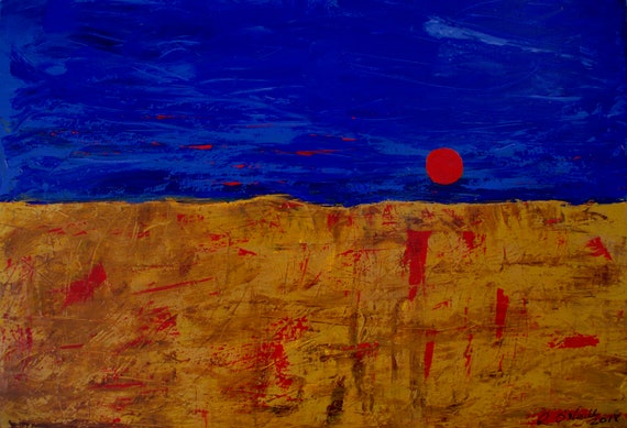 Ready To Hang Spanish Sun, Limited Edition Red, Yellow, Blue Landscape Print on Canvas, 75 years Lifespan, Gallery & Collector Quality