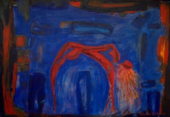 Buy Now Ready To Hang Abstract Yoga Pose Nude Red and Blue Painting, Limited Edition Gallery Quality Canvas Print
