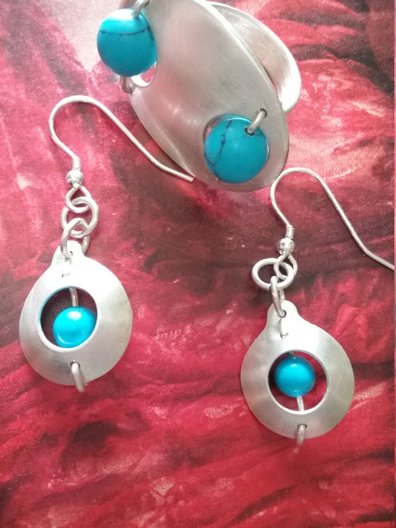 Silver Circular Turquoise Drop Boho Earrings