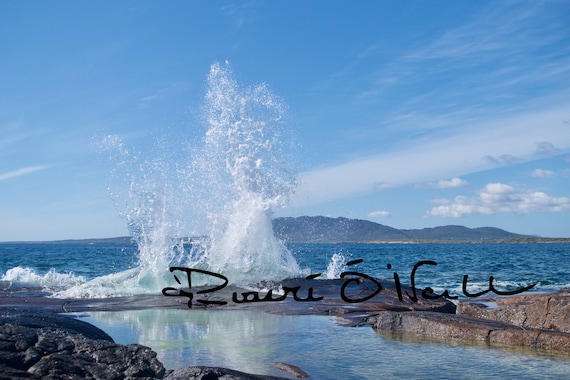 Wave Against Rocks 2, White Wave Blue Skies, Connemara Landscape Limited Edition Photograph on Canvas Ready to hang