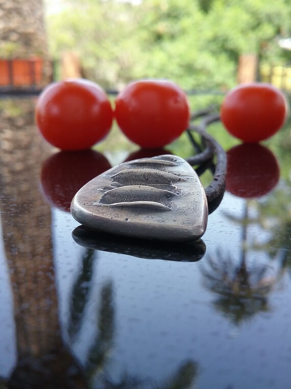Oxidized Silver Guitar Pick Rock Music Leather Pendant