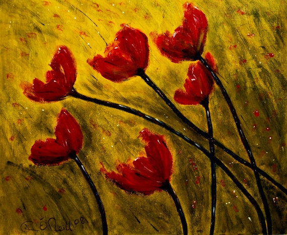 Buy Now Ready To Hang Poppies Blowing In The Wind, Wild Flowers, Corn, Red, Yellow,Irish Art, Gallery & Collector Quality 75 Years Lifespan