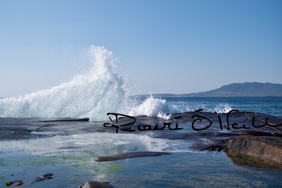 Crashing White Wave Against Rocks and Blue Sky on Canvas ready to hang