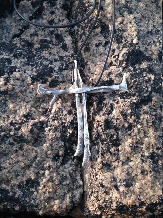 Contemporary Sterling Ancient Silver Cross Unique One Of A Kind Fashionable Oxidized Celtic Designer Leather Necklace Christian Jewelry