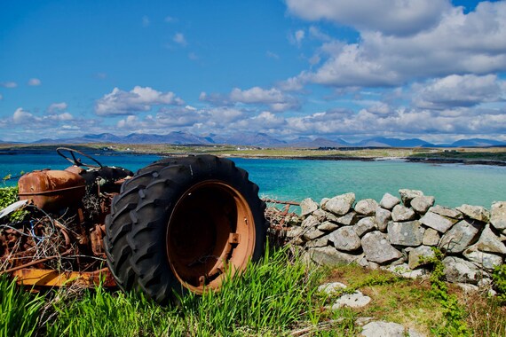 Laminated Acrylic, Summer, Rusted Connemara Tractor, Blue Skies, Azure Seas, Limited Edition Print, Ready to Hang
