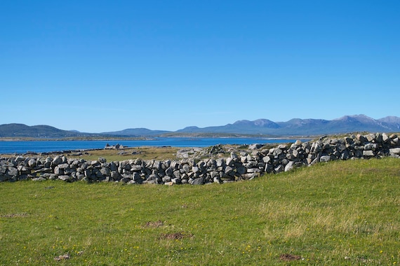 Beautiful Wild Connemara, Mountains, Atlantic Ocean, Stone Walls, Stone Ruins, Blue Sea and Sky, Limited Acrylic laminated Edition Photo
