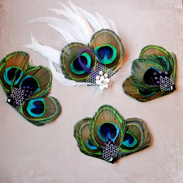 Peacock Wedding Bridal Feather Fascinator and Bridesmaids Set of Three