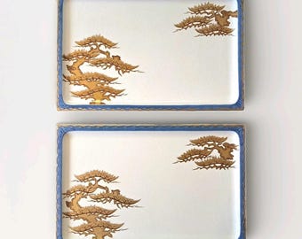 Vintage-Tablettpaar aus japanischem Porzellan, Goldkiefer-Design, Showa-Zeit, 40 x 26,5 cm