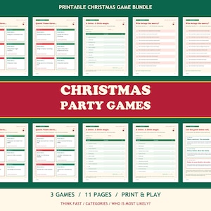 Könnte beinhalten: Ein druckbares Weihnachtsspiel-Set mit elf Seiten voller Partyspiele wie Quick! Name Three, A Letter, A Little Magic und Who Brings the Merry? Die Blätter haben rote und grüne Ränder mit Text und Linien zum Eintragen der Antworten.