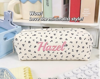 Astuccio color crema con motivo floreale, pochette in tela con nome ricamato personalizzato, borsa per cancelleria floreale personalizzata, astuccio minimalista con cerniera