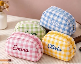 Checkered Makeup Bag: Personalized Embroidered Name Zipper Pouch for Lipstick and Sanitary Napkin