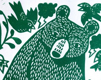 Together Green and White Linocut Print with Bear and Girl