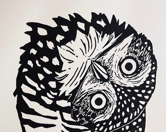 Hoo, Too! 5" x 7" Burrowing Owl with turned head Block Print on Archival Cotton Paper Printed by Hand Open Edition, Signed