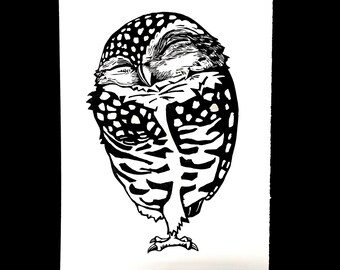 Sleeping Owl Black and White Linoleum Block Print on Archival Cotton Paper (Somerset Velvet)