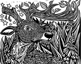 The Aloe Fields Original Signed Linocut Limited Edition with Deer